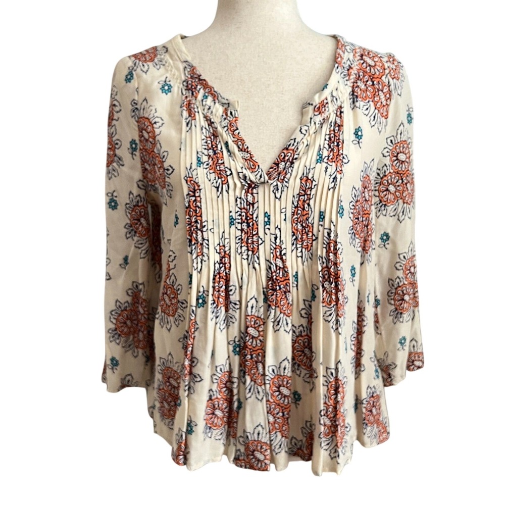 Vanessa Virginia Anthropologie Peasant Top Cream Floral Cottagecore Boho Size 2
